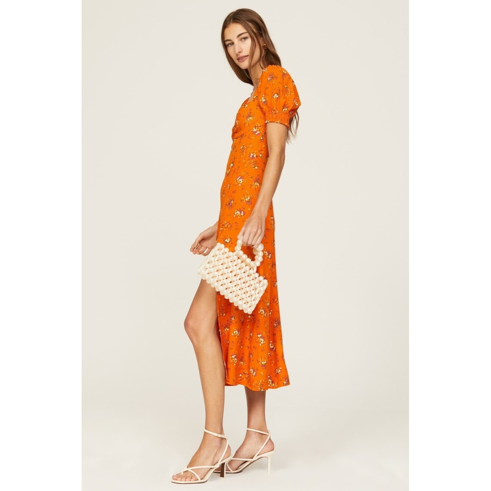 Reformation Lacey Dress Orange Ditsy Floral Puff Sleeve Midi Slit Size 6 - Picture 3 of 13